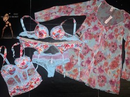 Victoria&#39;s Secret 32C,34C Bombshell Bra+Garter+Corset+Robe Blue Red Poppy Shine - £313.80 GBP