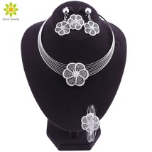 Vintage Rhinestone Flower Pendant Necklace Earrings Bracelet Ring Set Silver Pla - £17.25 GBP