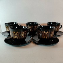 Set Of 5 Folkloric Tribal Native Design Tea Cups Mugs &amp; 5 Tapas Small Pl... - $17.82