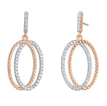 Sterling Silver &amp; Rose Tone CZ Double Circle Drop Earrings - £68.35 GBP