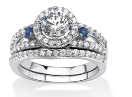 Round Cz Halo Sapphire Bridal 2 Piece Ring Platinum Sterling Silver 6 7 8 9 10 - £159.49 GBP