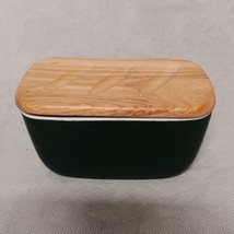 Dowan Butter Dish Keeper Green With Wooden Lid 6.5&quot; x 4&quot; x 3&quot; - $18.95