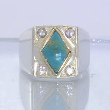 American Turquoise White Sapphire Silver 18K Gold Gents Ring size 10 Design 382 - £156.56 GBP