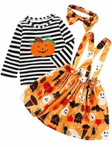 Halloween Kid Girl Long Sleeve Pumpkin Striped Top Suspender Skirt Outfits Sets - £11.78 GBP