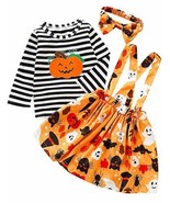 Halloween Kid Girl Long Sleeve Pumpkin Striped Top Suspender Skirt Outfi... - $14.99