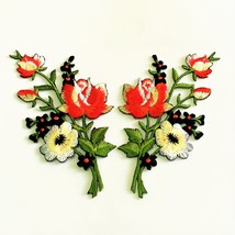 Embroidered Applique Patch Tulips Flowers Arrangemts Dark Red Cream Pair Patc... - £14.30 GBP