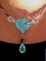 Huge 113.29 ct aquamarine, opal, white &amp; black diamond 14k gold necklace choker - £11,132.81 GBP