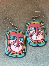 Estate Large Aqua Pink &amp; Coral Painted Wood Tribal Festive Mask Face Dangle Earr - $14.89