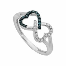 0.25 Karat Sterlingsilber Rund Weiß &amp; Blau Diamant Doppelherz Unendlichkeit Ring - £54.52 GBP