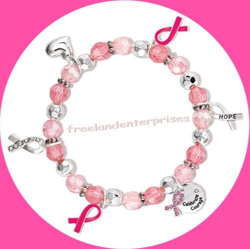 Breast Cancer Crusade Ribbon Charm Bracelet Pink & Silvertone Ribbons~Stretchie - £7.76 GBP