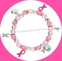 Breast Cancer Crusade Ribbon Charm Bracelet Pink &amp; Silvertone Ribbons~Stretchie - £7.89 GBP