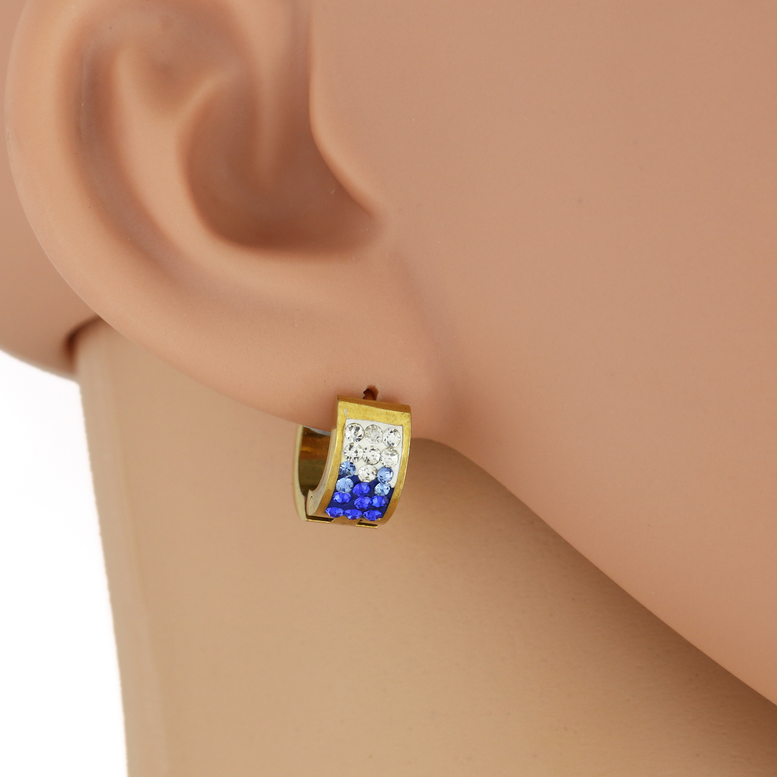 Gold Tone Huggie Hoop Earrings With Faux Sapphire & Swarovski Style Crystals