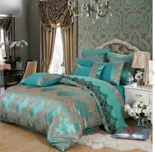 4pc. Luxury Palace Crown Turquoise Tribute Silk Queen King Duvet Cover Set - $147.46+