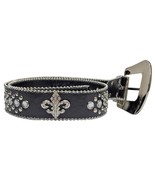 Fleur de Lis Belt Rhinestone Buckle Studded Ball Chain Trim Black Silver... - $31.13