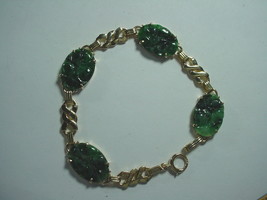 Vintage Deco Floral Chinese Carved Jadeite Jade 14 K Gold Bracelet 12.7 Gr 7 3/8&quot; - £941.38 GBP