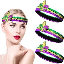 3 Pieces Mardi Gras Fleur De Lis Sequin Headbands Carnival Elastic Glitter Headb - £19.43 GBP