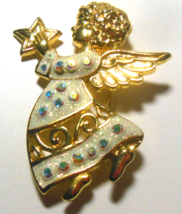 Gold-tone Angel Brooch W/ AB Rhinestones 2&quot; x 1.5/8&quot; - £11.48 GBP