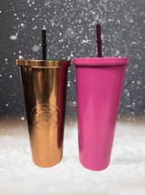 Starbucks Tumbler Barbie 2015 Hot Pink and Gold Stainless Steel 24 Oz Cups Straw - $37.61