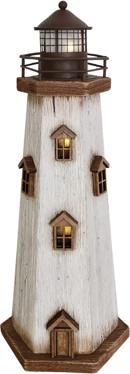 Wood Lighthouse Decor with Light Decorative Beach Lighthouse Rustic Ocean Sea ST - $58.89