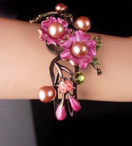 WIDE Rhinestone bracelet / Bohemian ladybug bangle / pink enamel flower /  godde - £74.75 GBP