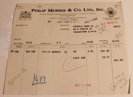 Vintage Phillip Morris &amp; Company Receipt from August 24 1945 Ephemera Ohio - £9.73 GBP