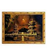 Vtg Framed Black Velvet Painting Asian Pagoda Sunset Lagoon Scene - £73.32 GBP