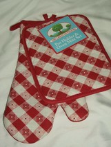 Red Kitchen Picnic Check Pot Holder Oven Mitt Set Baking Hot Pads Glove BBQ - £14.93 GBP