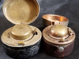 Antique Traveling Inkwells Leather covered ornate Brass with glass inser... - £193.88 GBP