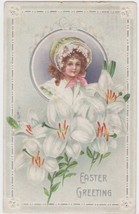 Easter Greetings Postcard 1911 Little Girl Bonnet Flowers Steubenville Ohio - $2.99