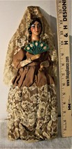Asian girl doll wearing a LACE dress with a green fan14&quot; tall very old  - £8.47 GBP