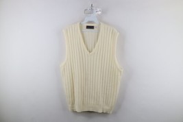 Vtg 70s Streetwear Mens Large Blank Ribbed Knit V-Neck Sweater Vest Cream USA - $59.35