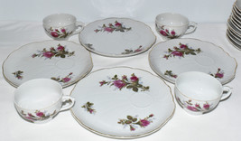 Vintage 8pc Snack Set Luncheon Plates Cups Fuchsia Lilac &amp; Green Floral ... - £31.97 GBP