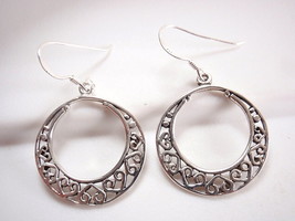 Hearts in Circle Earrings 925 Sterling Silver Dangle Corona Sun Jewelry Love - $12.59