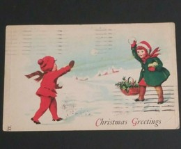 Children Throwing Snowballs Christmas Greetings JPNY Vtg Postcard c1920s  - £3.13 GBP