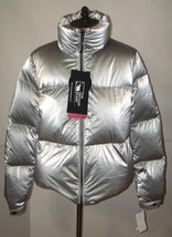 New NWT  $350 Womens Recycled Planet Quilted Puffer Coat M Metallic Silver Parka - £455.72 GBP