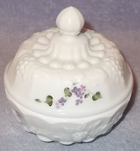 Fenton Hand Painted Violets Milk Glass Vanity Powder Jar Signed Artist - £23.94 GBP