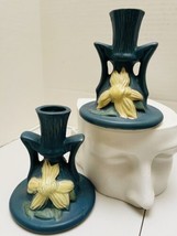 Roseville-style Pottery Bermuda Blue Zephyr Lilly Candlesticks - Reprodu... - £27.00 GBP