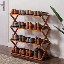 Shoe Storage Organizer With Four Tiers Made Of Bamboo That Is Foldable And - $68.96
