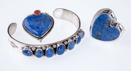 Sterling Silver Navajo Lapis Lazuli Cuff, Brooch, and Ring Set by Nez - $684.56