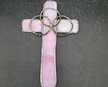 Leaded Lilac Pink Slag Glass Cross Suncatcher Metal Ring Decor - £6.57 GBP