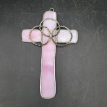 Leaded Lilac Pink Slag Glass Cross Suncatcher Metal Ring Decor - $8.41