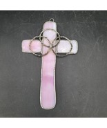 Leaded Lilac Pink Slag Glass Cross Suncatcher Metal Ring Decor - £6.36 GBP