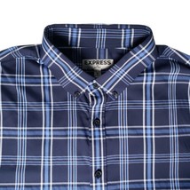 Express Fitted Men&#39;s Size L 16-16 1/2 Blue Plaid Long Sleeve Button-Down... - £14.34 GBP