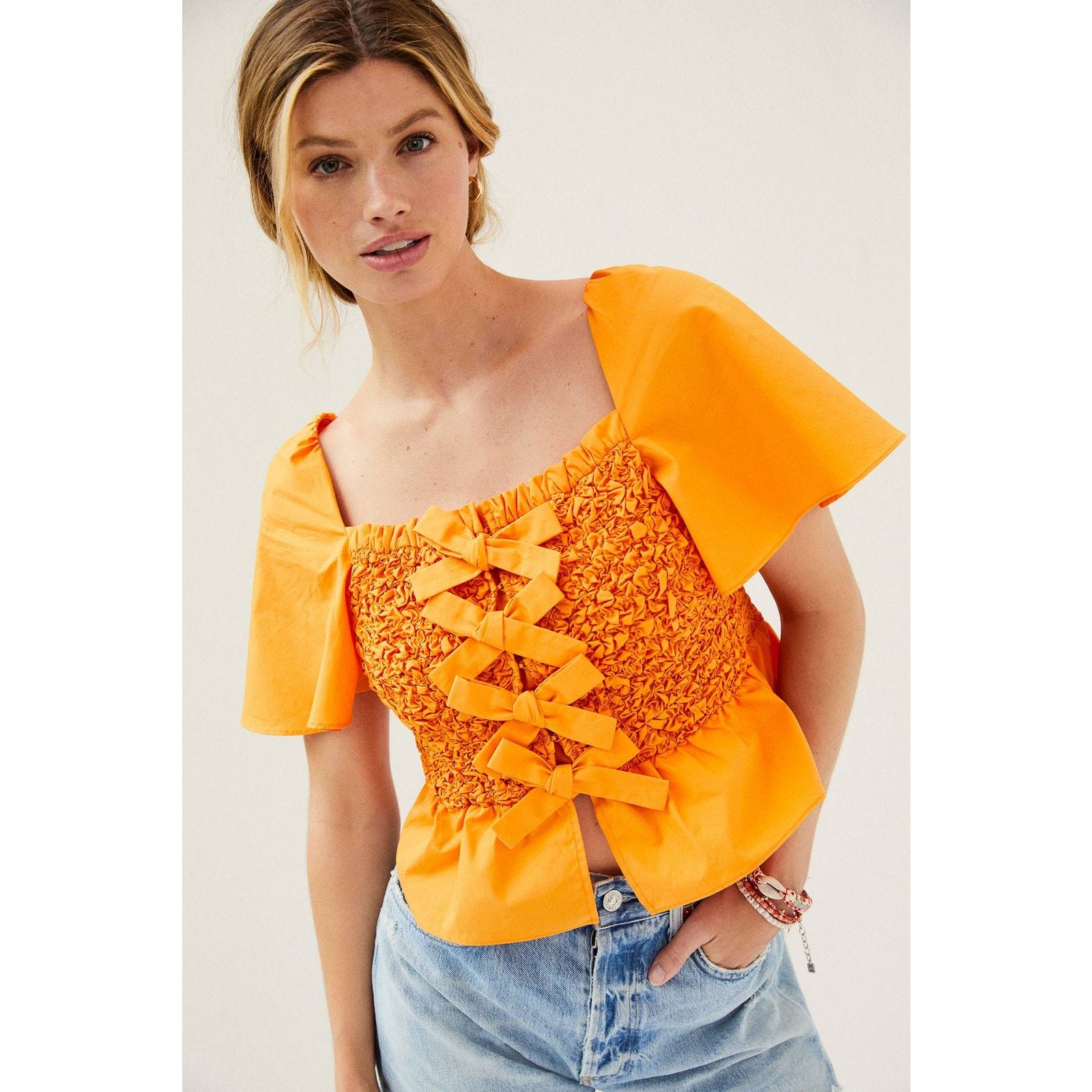 New Anthropologie x Mare Mare Smocked Bow-Tie Tank $118 X-SMALL Orange - £32.54 GBP