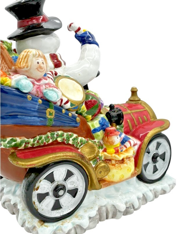 VTG Snowman driving vintage car full of Christmas presents on snow cookie jar Item image 9