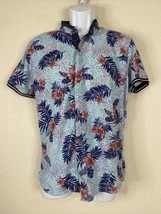 Fiffers Men Size M Blue Floral Tropical Leaves Button Up Shirt Short Sleeve - £5.75 GBP