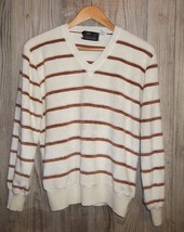 Vintage 80s Mens Sweater L Turtle Bay V Neck Ivory Brown Stripes Textured - £29.50 GBP