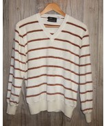 Vintage 80s Mens Sweater L Turtle Bay V Neck Ivory Brown Stripes Textured - $703.06 MXN