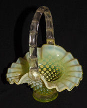 1940s Fenton Art Glass Vaseline Topaz Opalescent Hobnail Basket 6.5&quot; High - £78.17 GBP