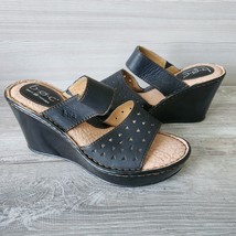 BOC Born Concept Black Leather Open Toe Wedge Slide Sandals Womens Size 7 - £29.59 GBP